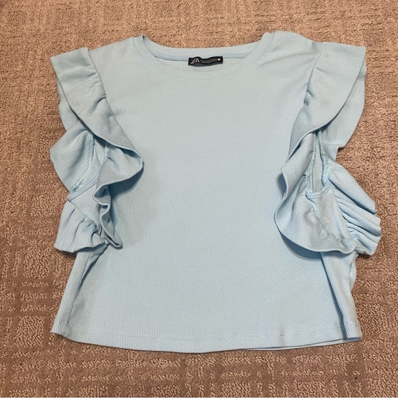Zara Tops - {Zara} Baby Blue Ribbed Sleeveless Crop Top | Ruffles ~ Size Small